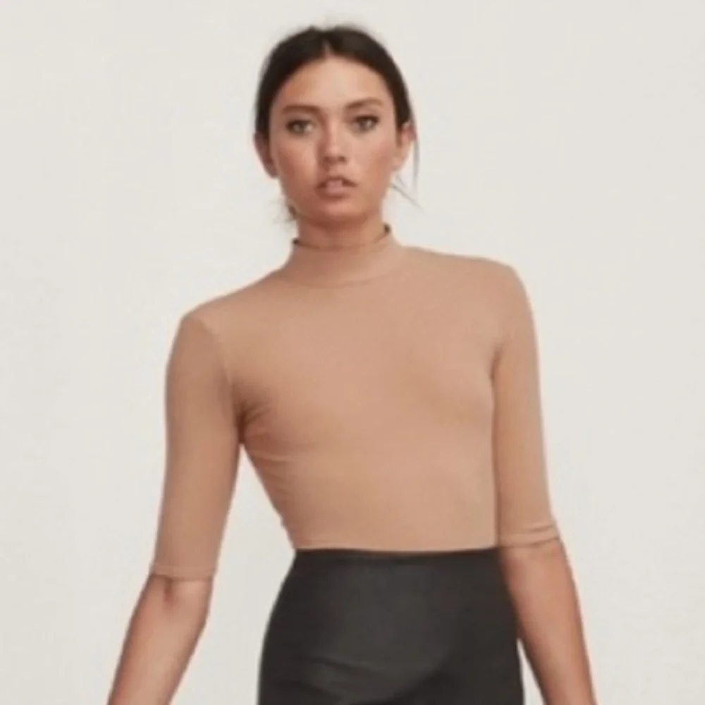 Reformation Dumont Sexy Nude Beige Open Back Ribbed Mock Neck Bodysuit